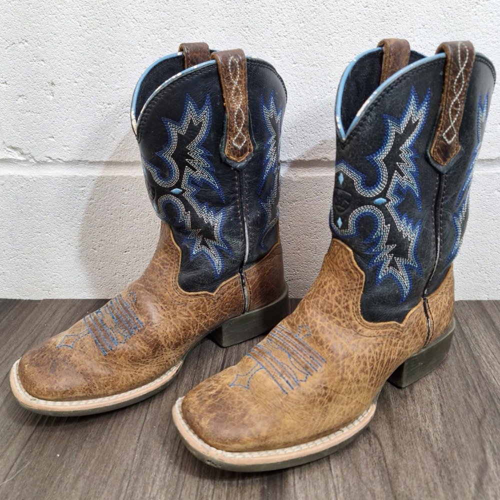 Ariat Toddler 11 Brown Leather Square Toe Western Cowboy Boots Black Blue Stitch - Picture 2 of 9